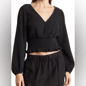 Madewell Julianne Lightspun Black Smocked Waist Top Size Small